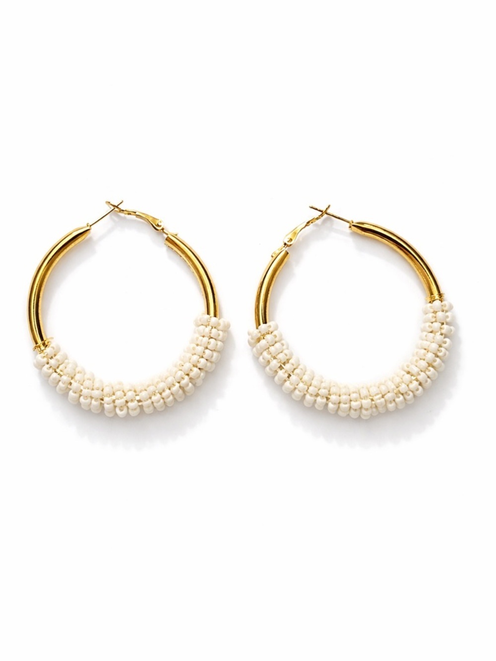 Gold Beaded Hoop Earrings Ivory Seed Bead Accent 2” Drop